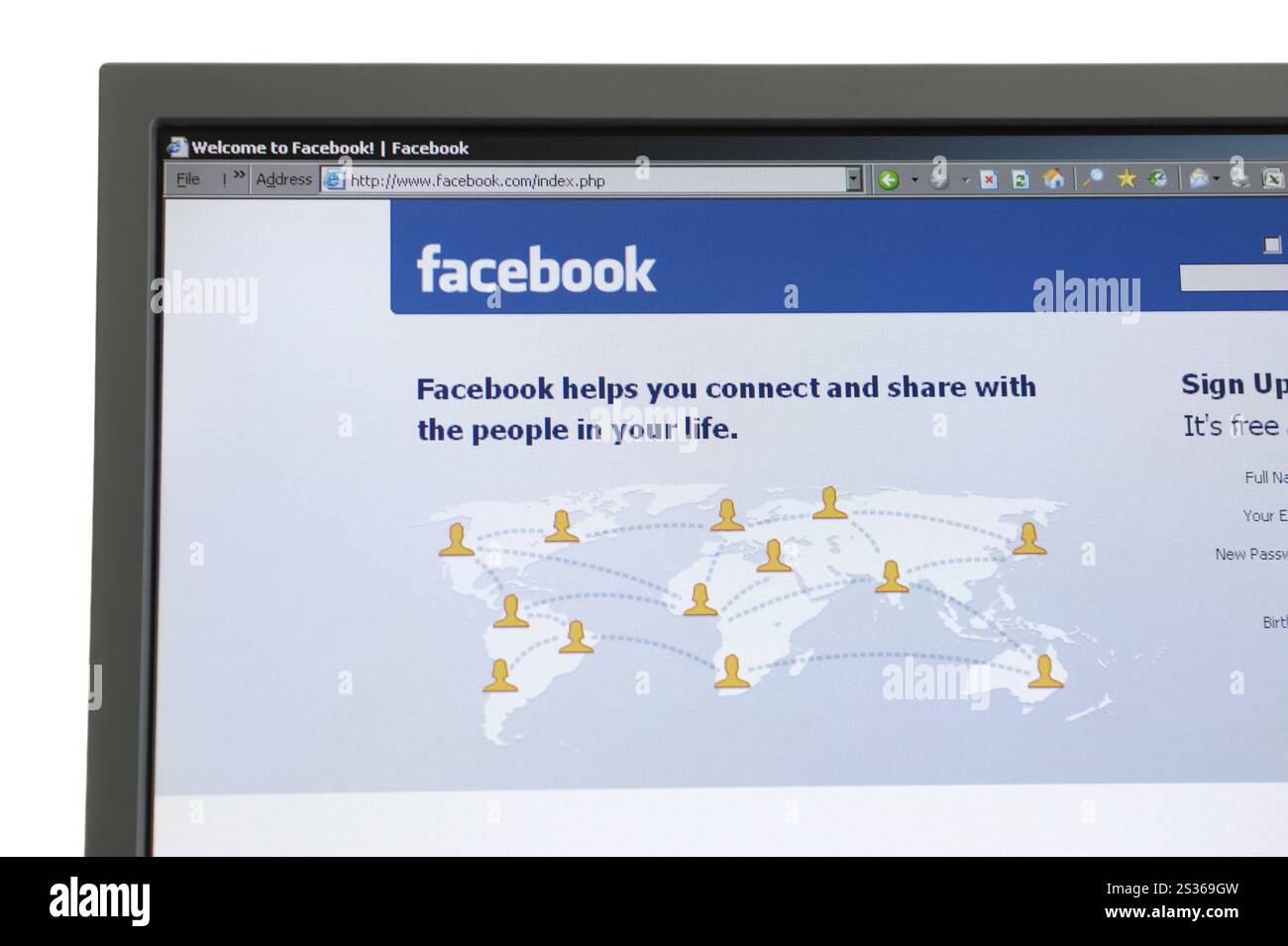 Facebook Willkommen Bildschirm auf einem Computerdisplay Stockfoto