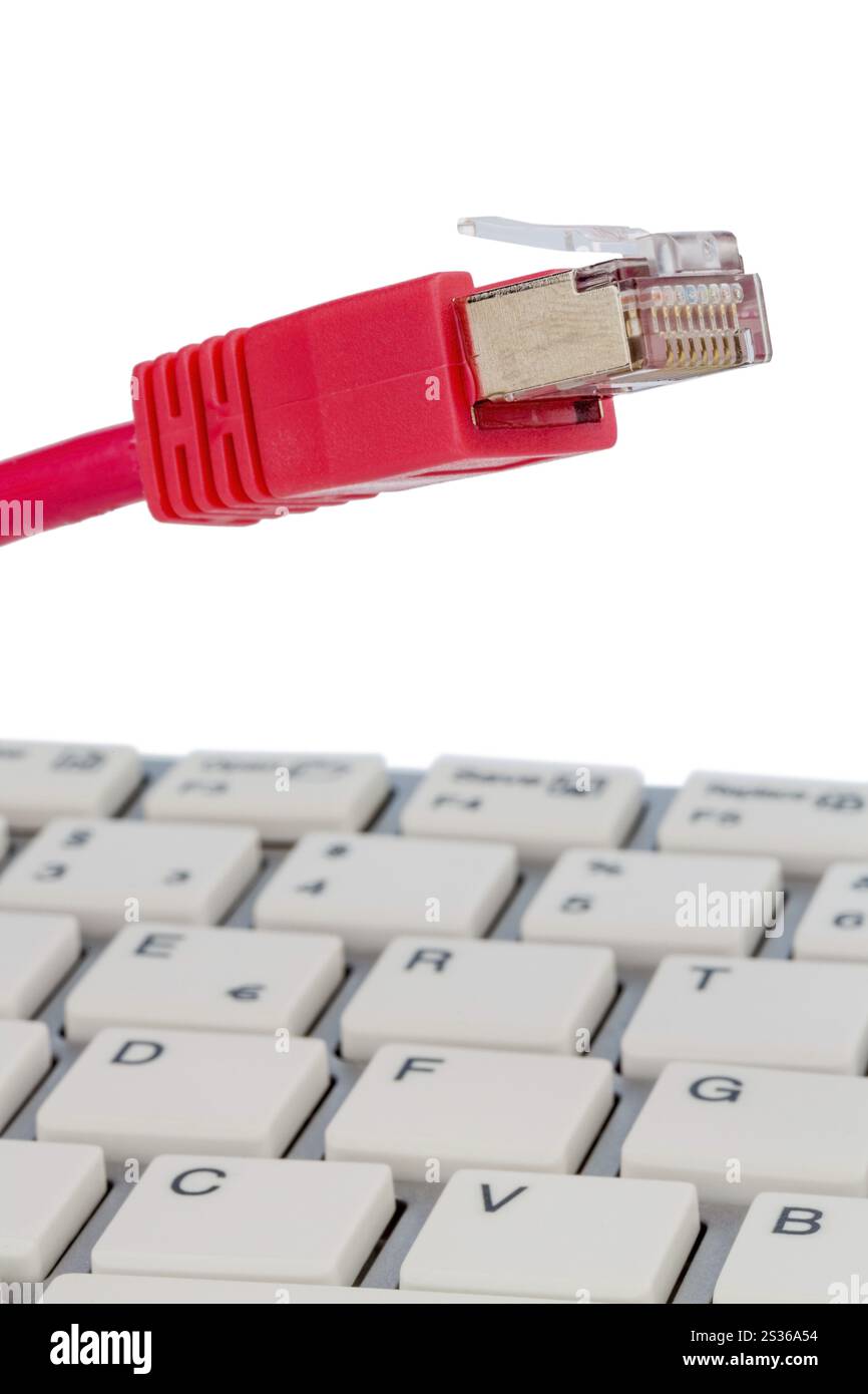 Netzwerkkabel auf Tastatur, symbolisches Foto für Flatrate, E-Commerce, globale Kommunikation Österreich Stockfoto