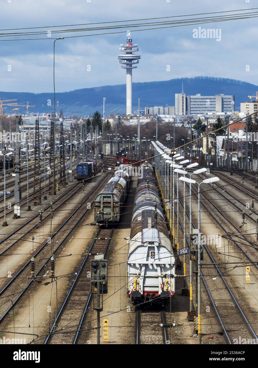 Güterzüge auf einem Rangierbahnhof in Wien. Güterverkehr auf der Schiene. Österreich Stockfoto
