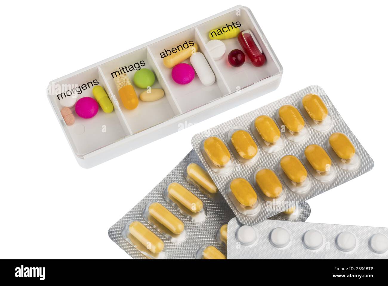 Tablettenspender, symbolisches Foto für Therapie, Verordnung und Dosierung Österreich Stockfoto