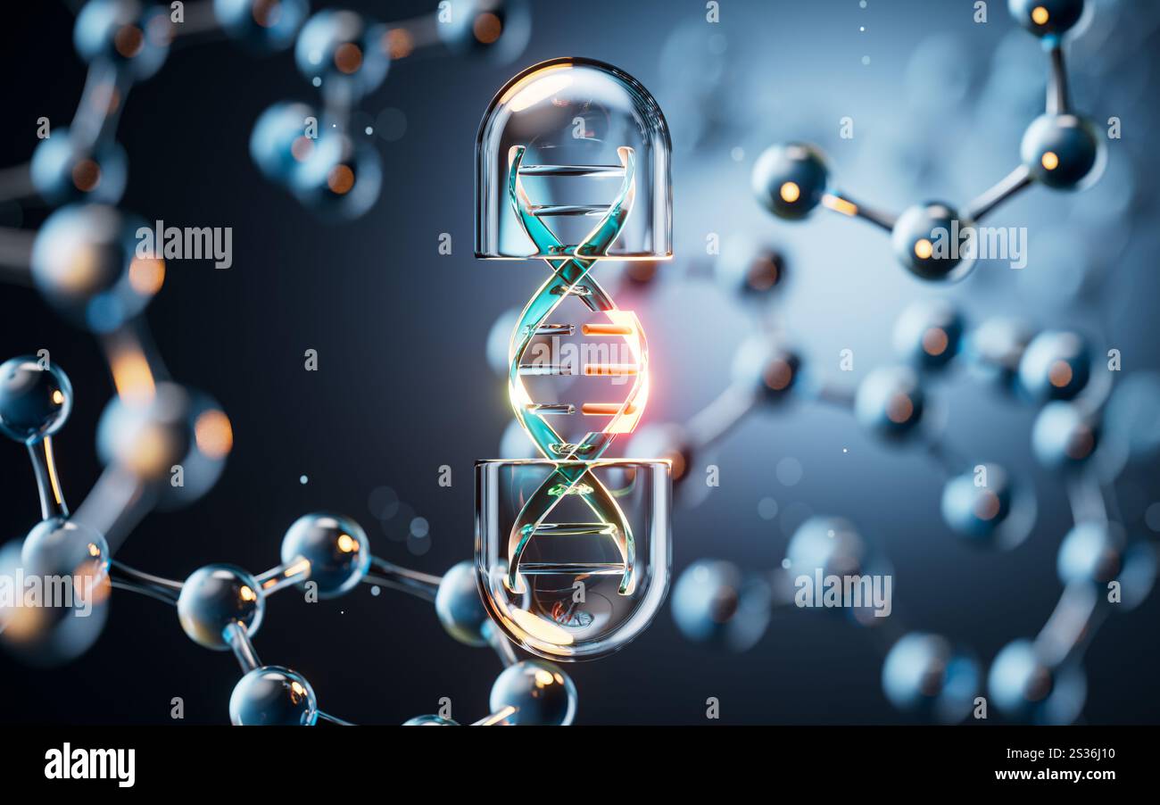 Medizinische Kapsel mit transparentem Molekülhintergrund, 3D-Rendering. 3D-Abbildung. Stockfoto