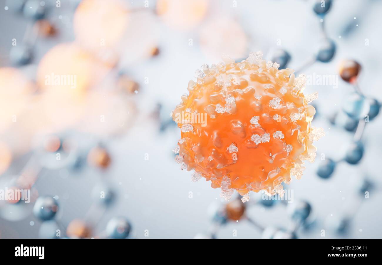 Biologische Zelle mit transparentem Molekülhintergrund, 3D-Rendering. 3D-Abbildung. Stockfoto