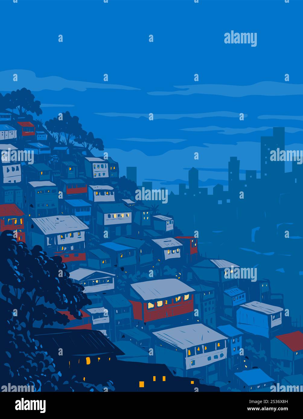 WPA Plakatkunst der Favela, ein gebräuchlicher Begriff für brasilianischen Slum in Rio de Janeiro, Brasilien in Lateinamerika, in Arbeiten Projektverwaltung Stock Vektor