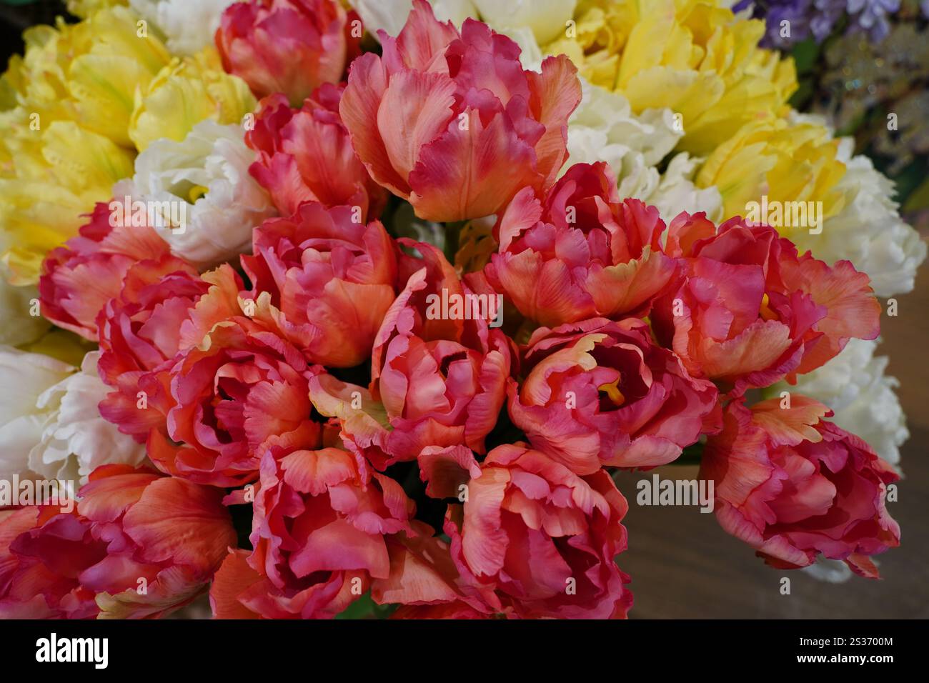 Tulpenstrauß in verschiedenen Rosa- und Gelbtönen Stockfoto