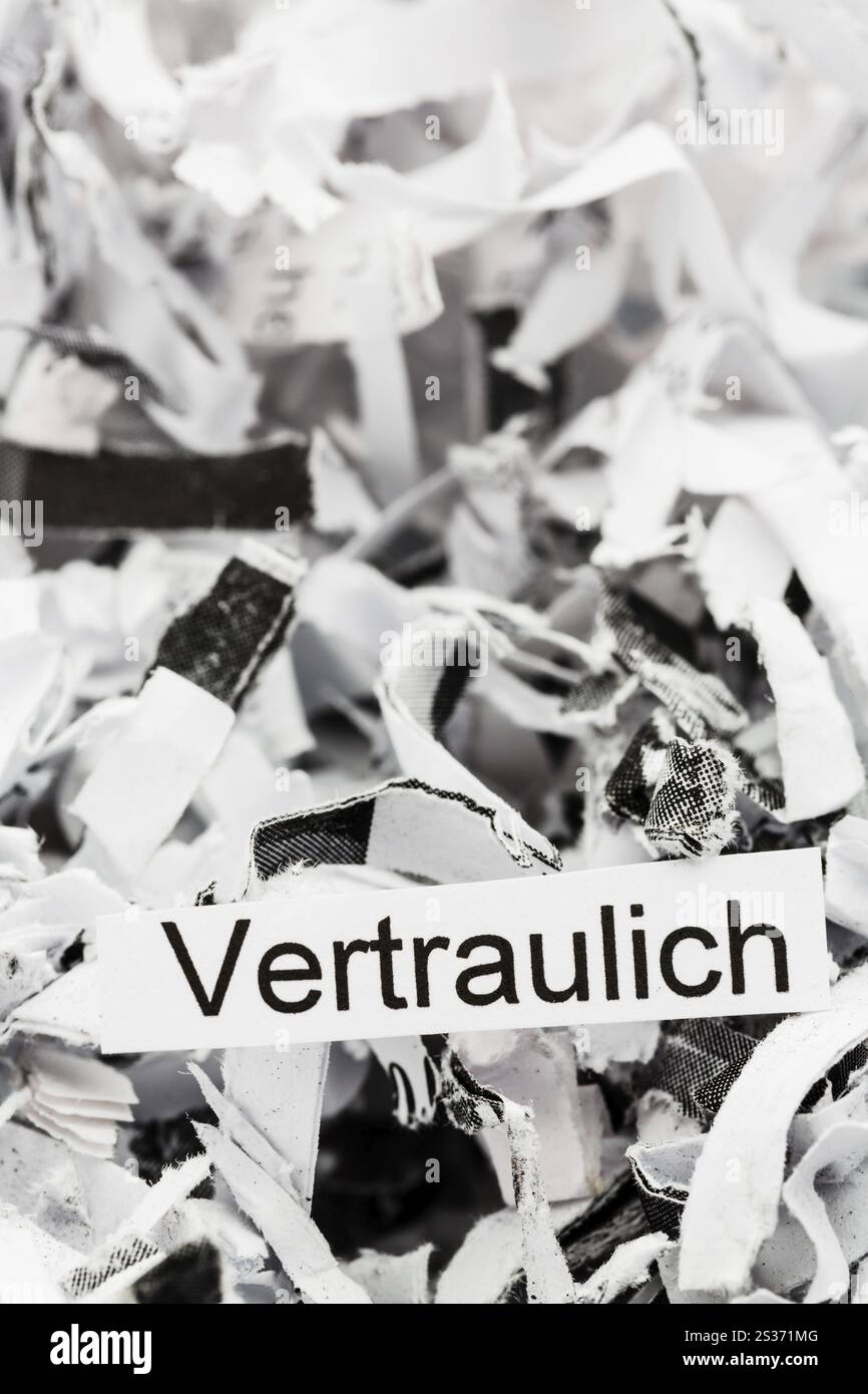 Papier schreddert mit dem Schlüsselwort vertraulich, symbolisches Foto für die Datenvernichtung und Vertraulichkeit Stockfoto