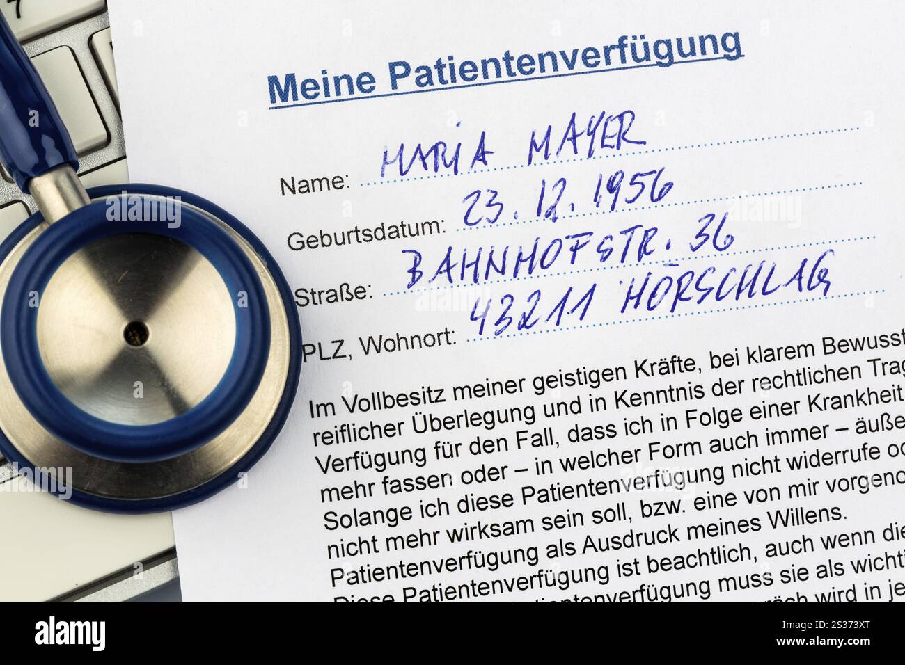 Ein Lebenswille auf Deutsch. Anweisungen für den Arzt oder das Krankenhaus im Falle einer tödlichen Erkrankung Stockfoto