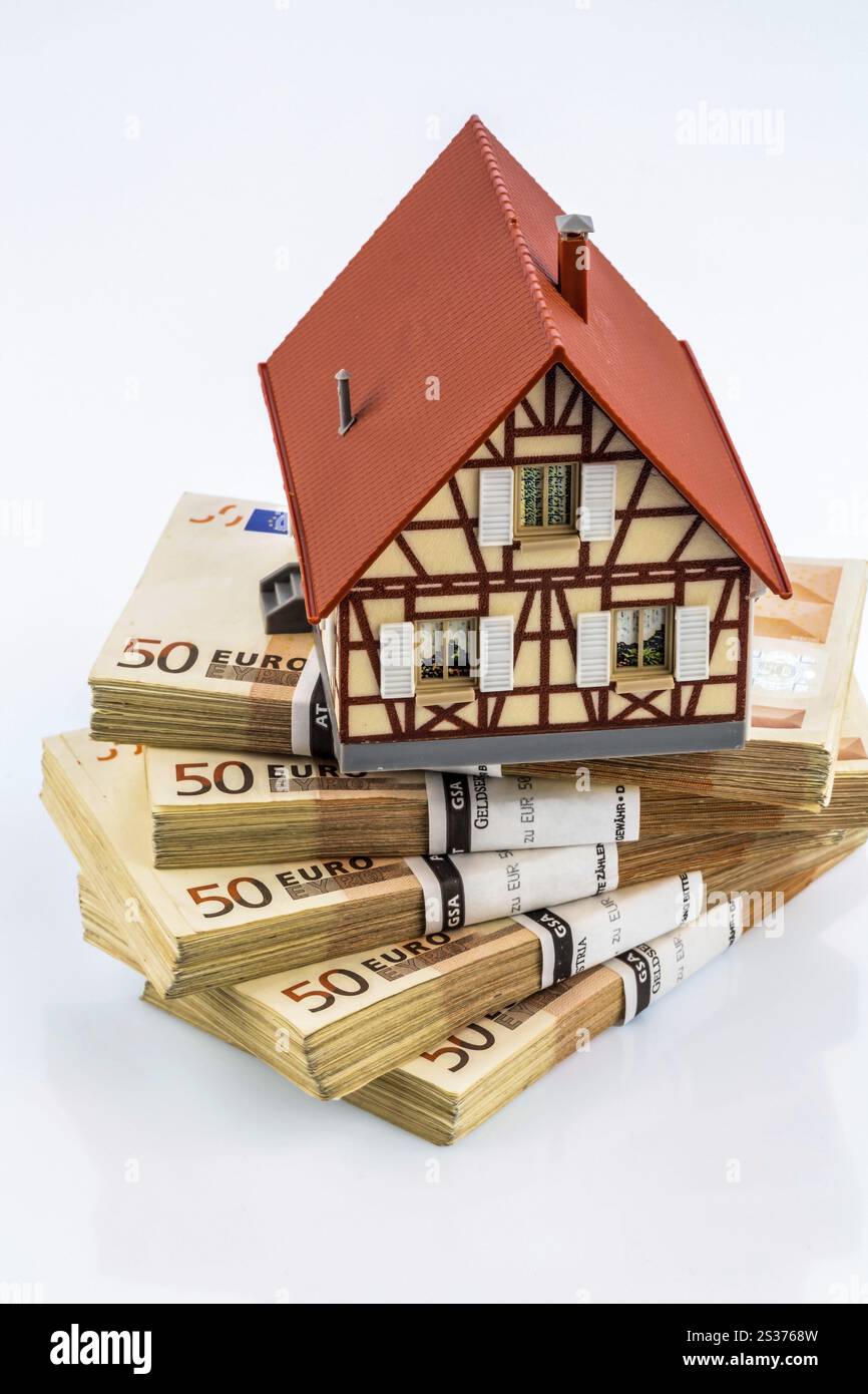 Fachwerkhaus auf Euro-Banknoten, symbolisches Foto für Hauskauf, Finanzierung, Bauersparnis Stockfoto