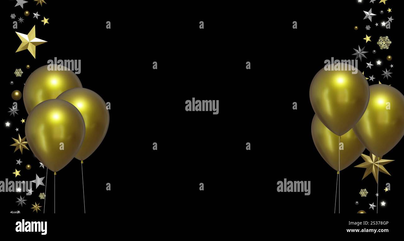 Bild von goldenen Ballons mit Sternen und Kopierraum auf schwarzem Hintergrund Stockfoto