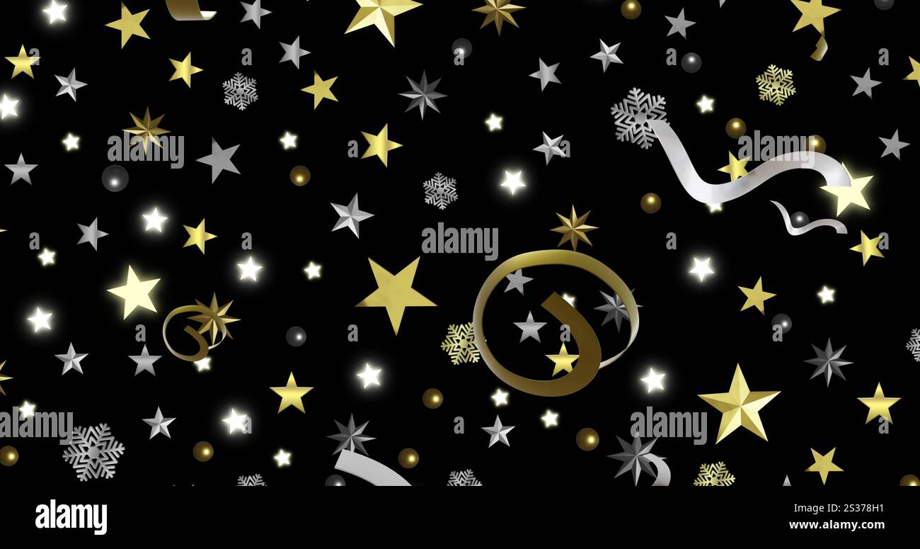 Bild von Party-Streamern und Stars auf schwarzem Hintergrund Stockfoto