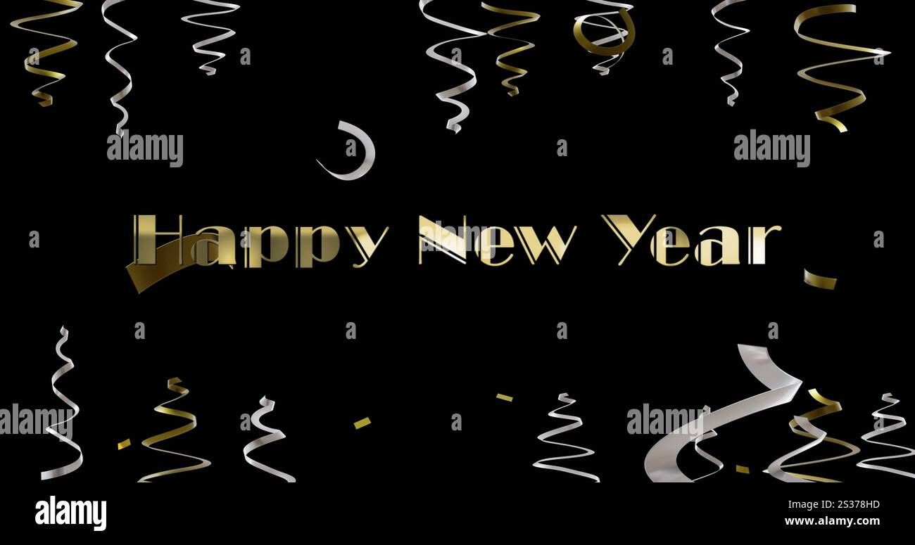 Bild von Happy New Year Text, Party Streamer und Konfetti auf schwarzem Hintergrund Stockfoto