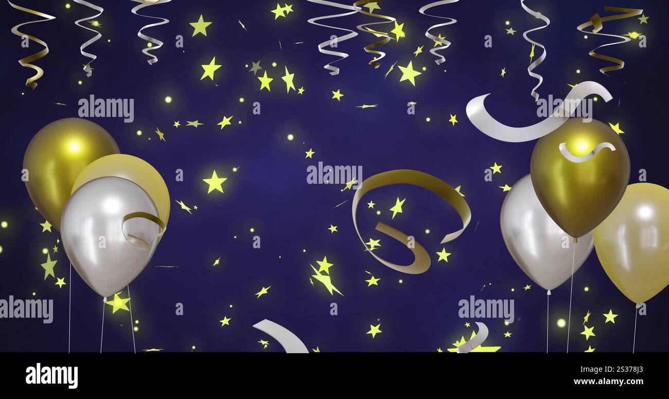 Bild von goldenen und silbernen Ballons mit Party-Streamer auf blauem Hintergrund Stockfoto