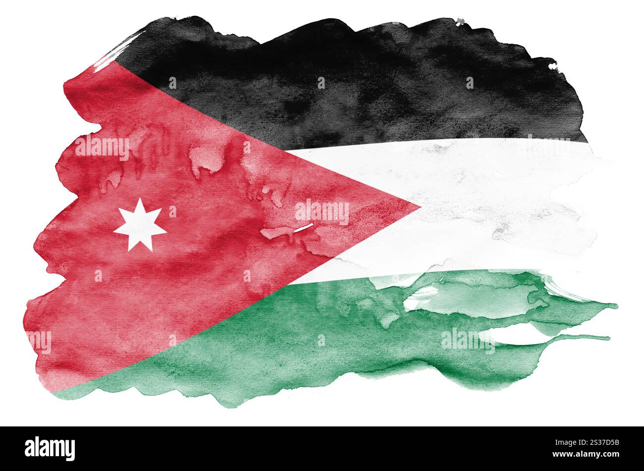 Jordanien Fahne ist in flüssiger Aquarell Stil auf weißem Hintergrund dargestellt. Unvorsichtige Farbe Beschattung mit Bild der nationalen Flagge. Tag der Unabhängigkeit Stockfoto