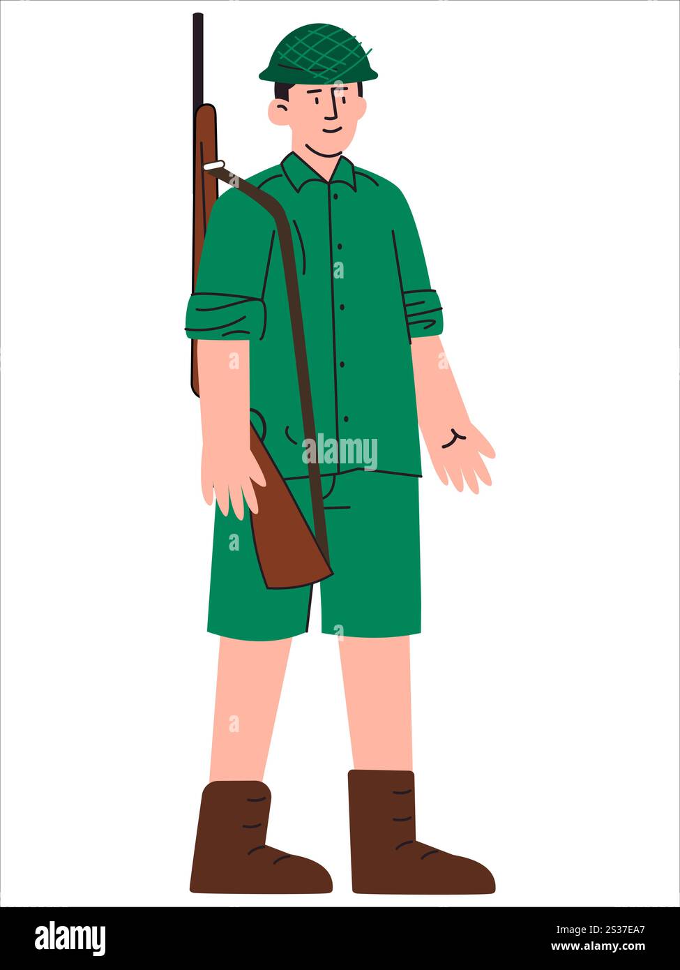 Indonesischer Soldat männlicher Kämpfer Indonesien Held Mann Figur grüne Kleidung Uniform historische Charakter Armee hält Waffe Veteran Patriotismus mutig Stock Vektor