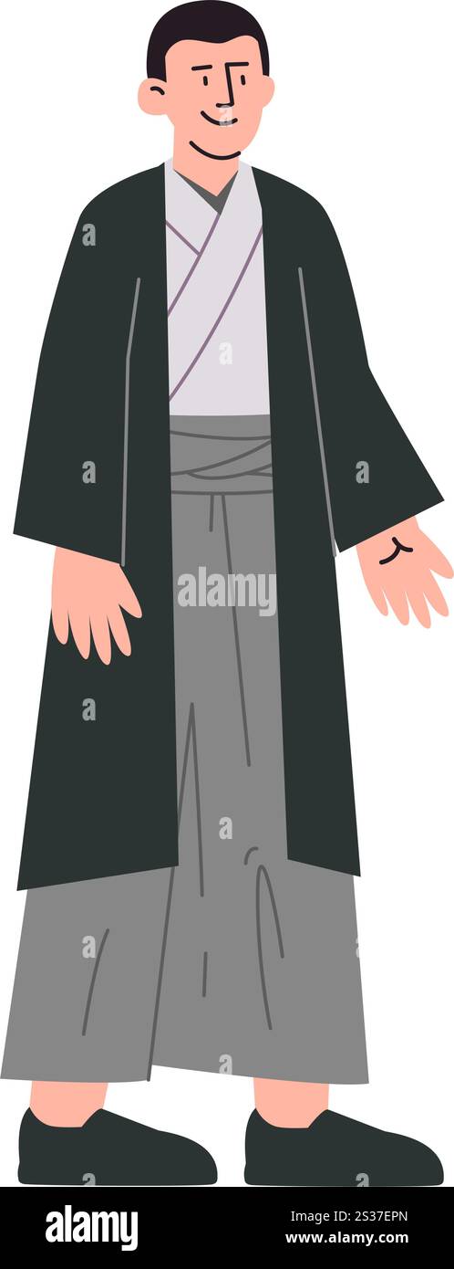 Japanischer Mann trägt Haori Hakama Japanische Kultur Kleidung Kleid Kulturerbe Kleidung bunter Charakter lächelnder Ausdruck Design Stock Vektor