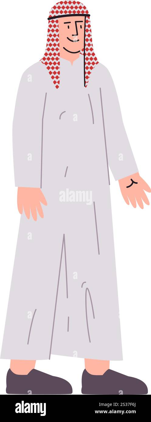 Arabischer Mann trägt Saudi-arabische traditionelle Thawb Thobe Kleidung nahöstliche Kultur Tradition Ghutra Kopfbedeckung arabischer Menschen muslimischer Islam Charakter Stock Vektor
