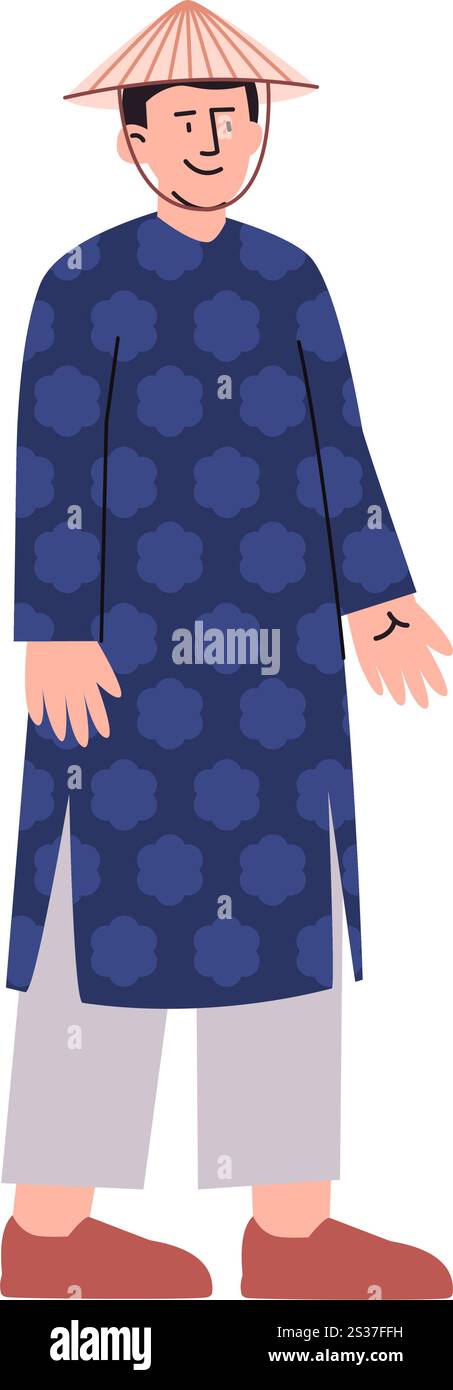 Vietnamesischer Mann Charakter trägt Ao Dai Vietnam traditionelle Kleidung Kleidung Kleidung Strohhut Accessoire Tradition Kultur Erbe Design buntes Set Stock Vektor