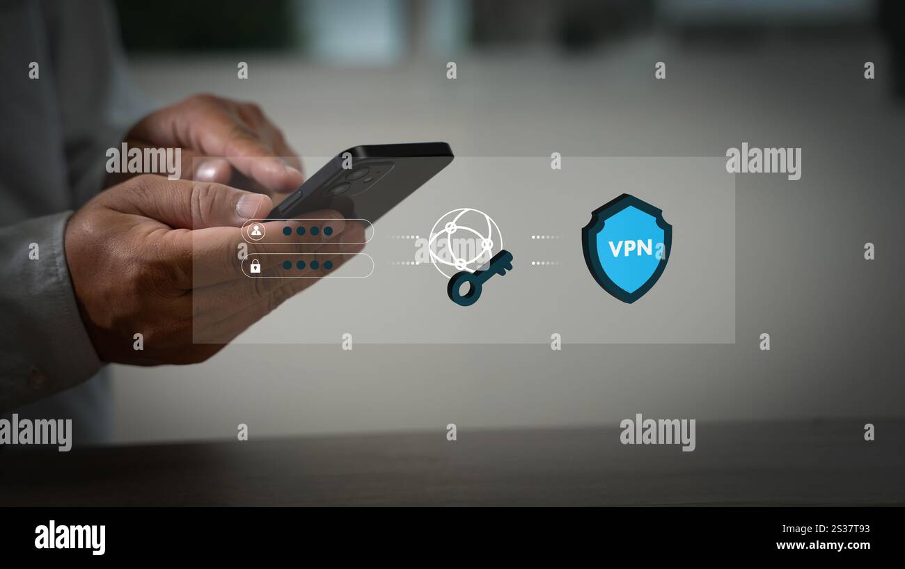 VPN Ein Mann schreibt auf einem Laptop VPN Virtual Private Network Protokoll Konzept Cyberspace Netzwerk online Stockfoto