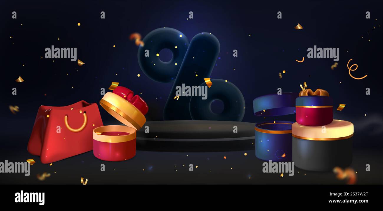 Black Friday Werbeszene mit luxuriösem Podium. 3D rote Einkaufstasche, elegante zylindrische Geschenkboxen mit goldenen Elementen, Prozentzeichen und schwebenden Konfetti-Streamern. Stock Vektor