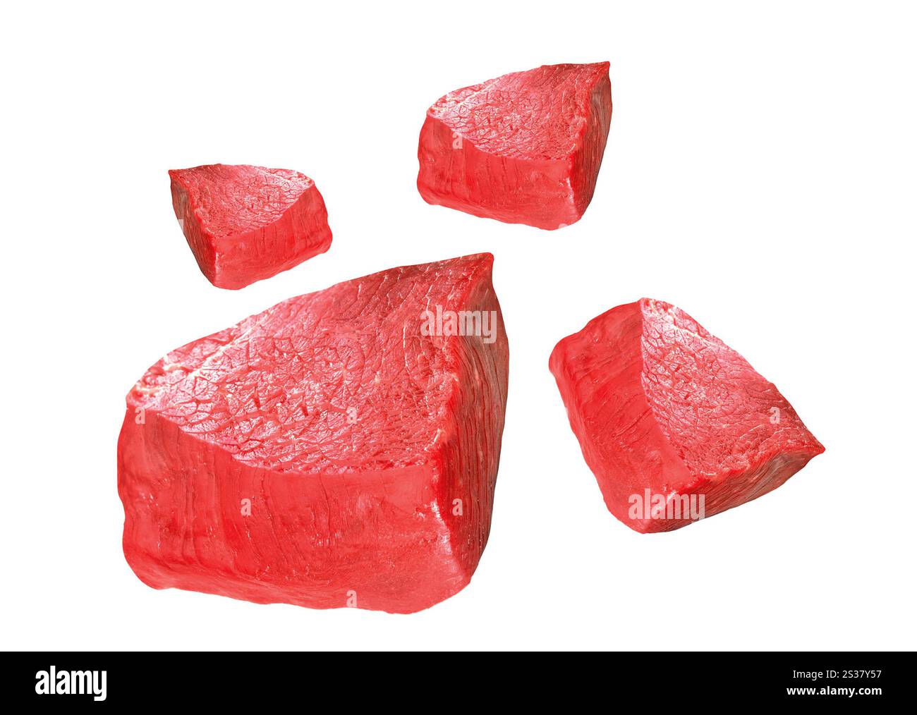 Frisches Fleisch auf Scheibe isoliert auf weißem Hintergrund. Frisches Fleisch in Scheiben Stockfoto