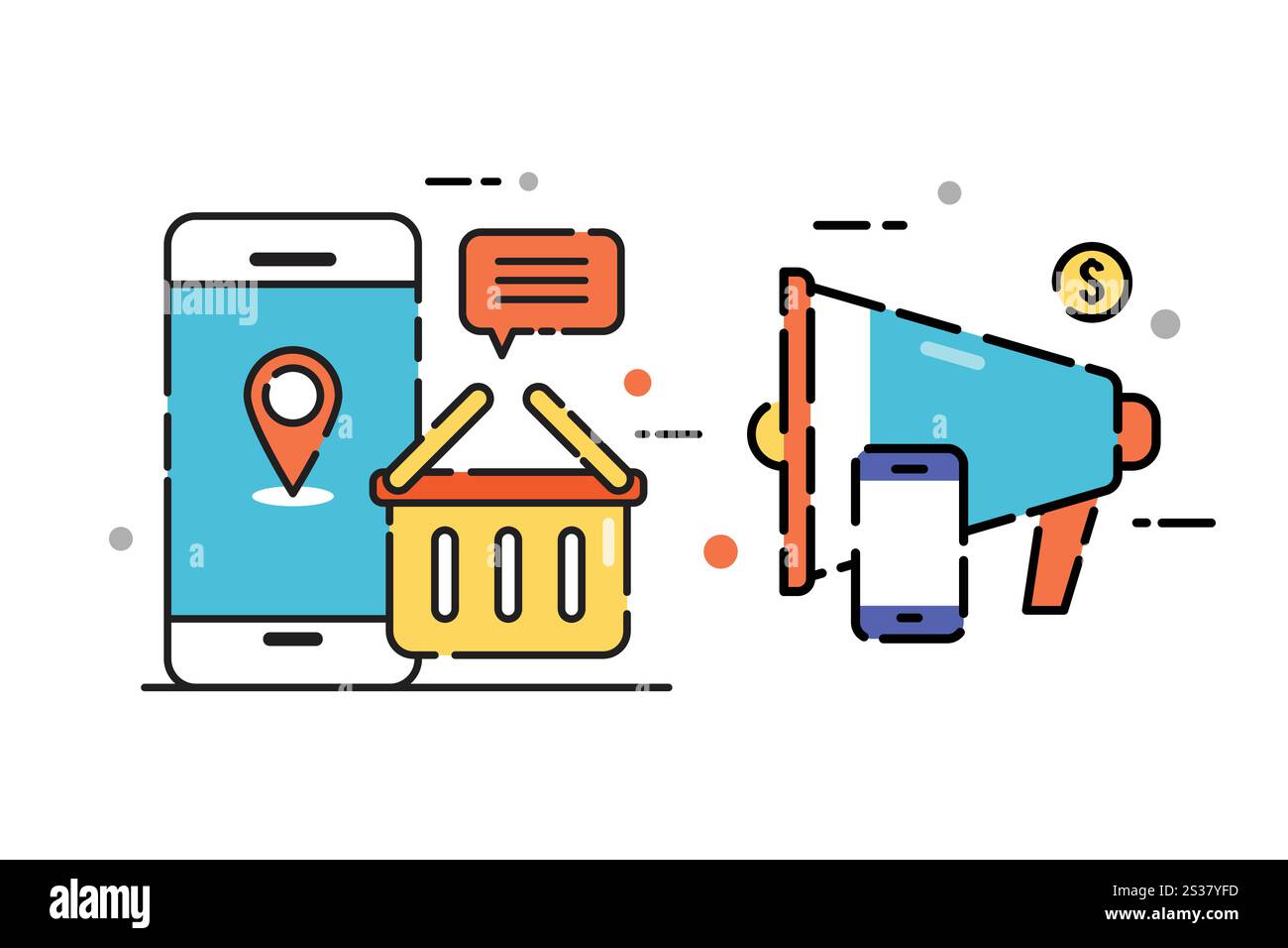 Marketingkonzept und Symbol für Online-Shopping. Symbol für das Anzeigengerät. Online-Shopping-Konzept. Vektorabbildung Stock Vektor