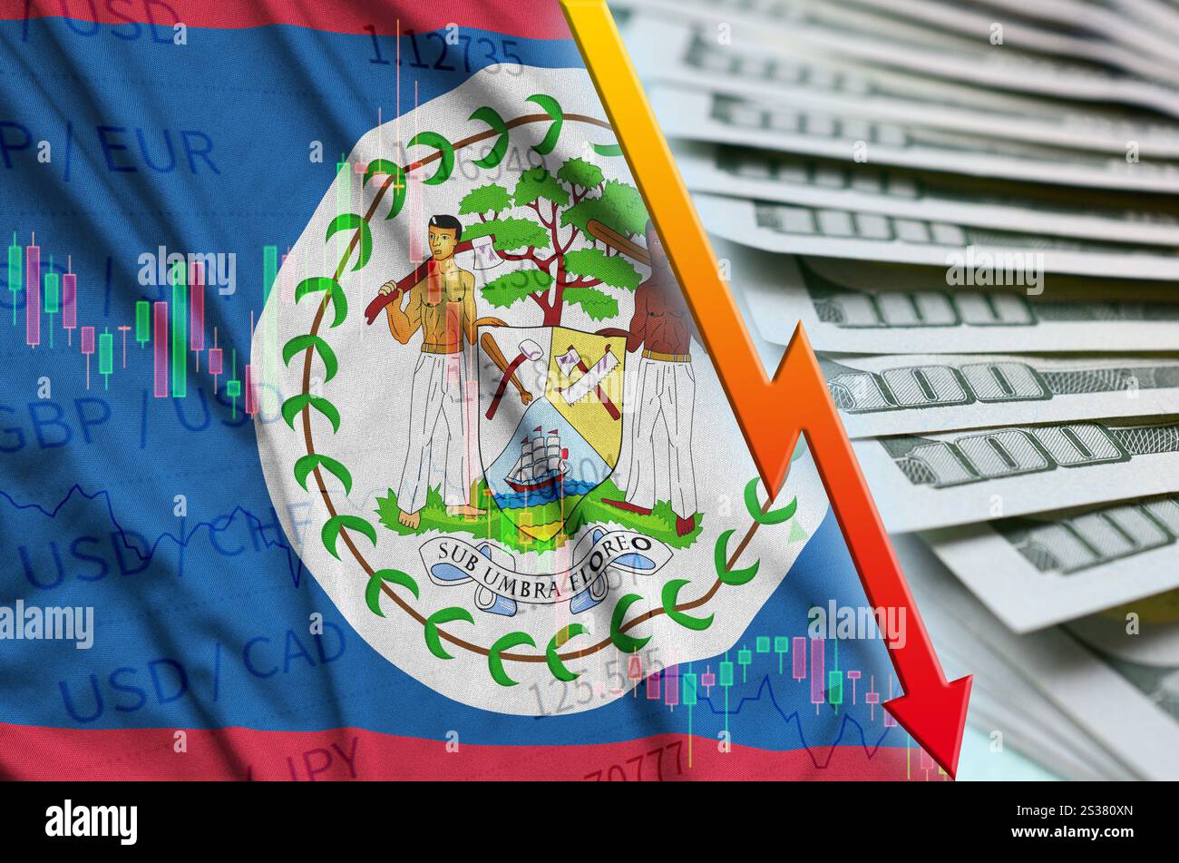 Belize Flagge und Diagramm fallende US-Dollar Position mit einem Fan von Dollarscheinen. Konzept des Abschreibungswerts der US-Dollar-Währung. Belize Flagge und Stockfoto