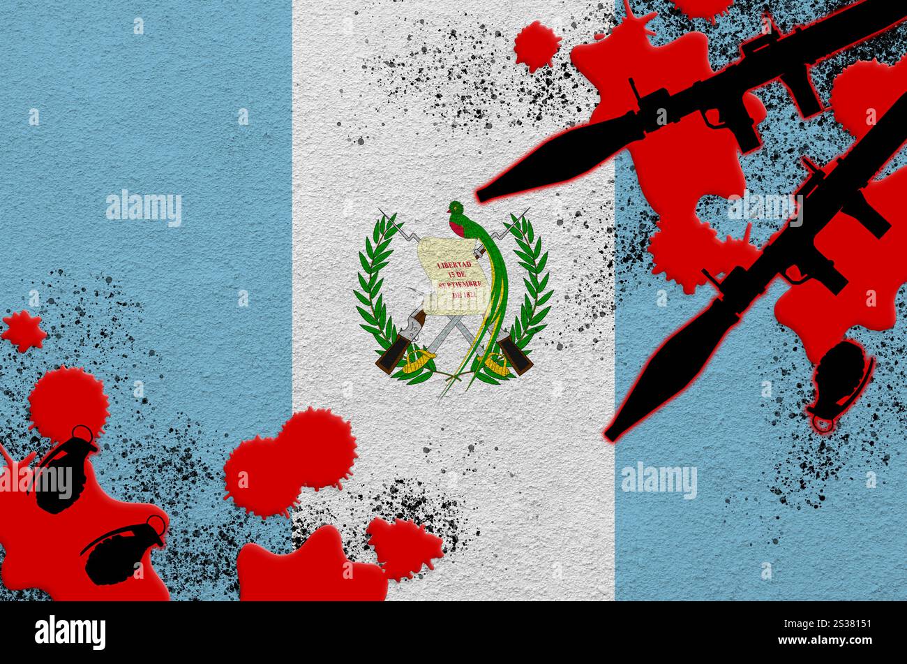 Guatemala Flaggen- und Raketenwerfer mit Granaten in Blut. Konzept für Terroranschläge und militärische Operationen. Waffenhandel. Guatemala Flagge und Stockfoto