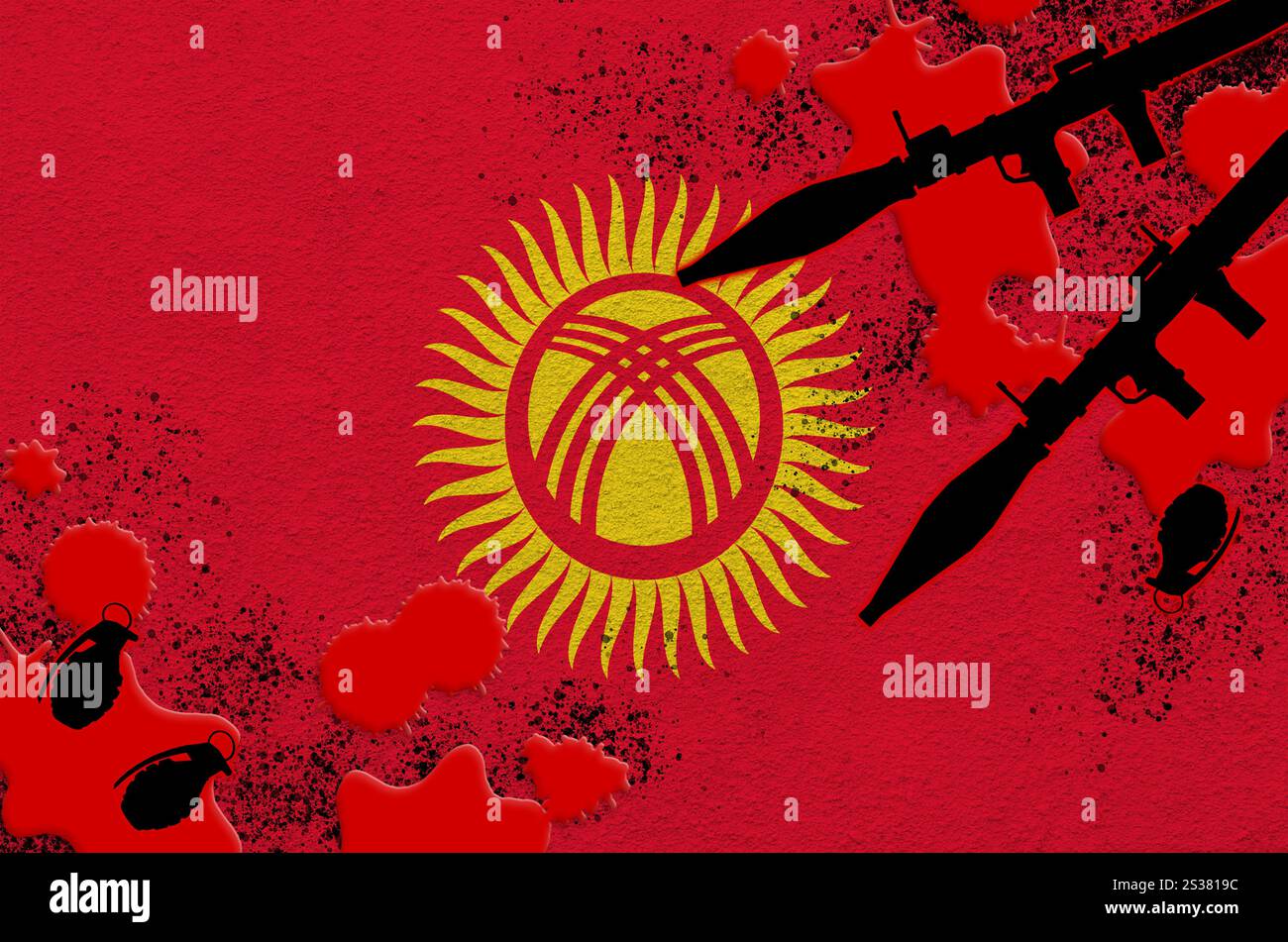 Kirgisistan Flaggen- und Raketenwerfer mit Granaten in Blut. Konzept für Terroranschläge und militärische Operationen. Waffenhandel. Kirgisistan Flagge und Stockfoto