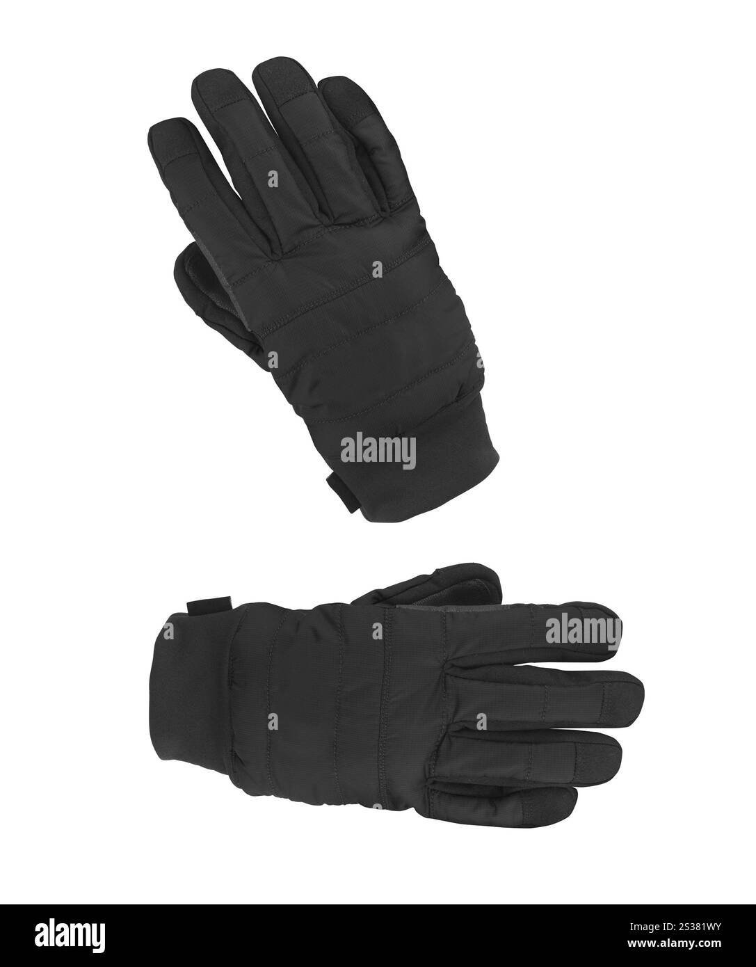 studio-Foto von schwarzen Winterhandschuhen. Schwarze Winterhandschuhe Stockfoto