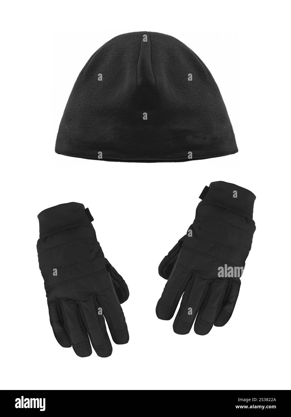 studio-Foto von schwarzen Winterhandschuhen und Hut isoliert auf weißem Hintergrund. studio-Foto von schwarzen Winterhandschuhen und Hut Stockfoto