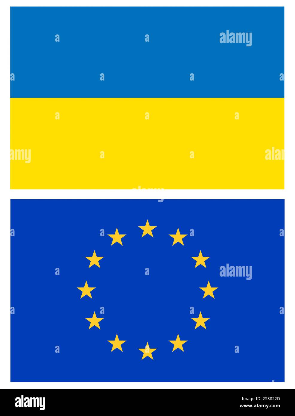 Europäische und ukrainische Flaggen isoliert auf weißem Hintergrund. Europäische und ukrainische Flaggen Stockfoto