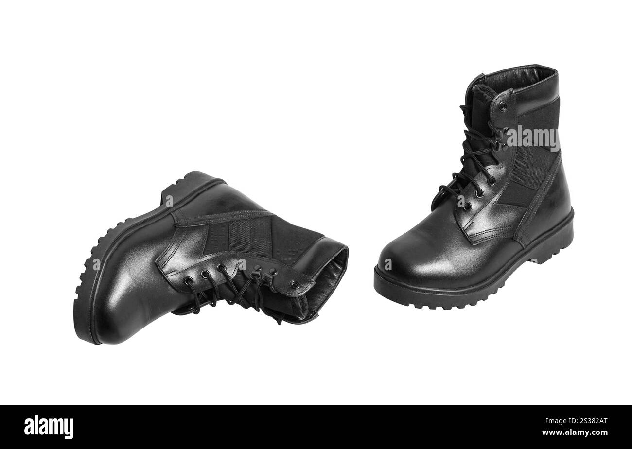 Schwarze Stiefel isoliert über weißem Hintergrund. Schwarze Stiefel Stockfoto