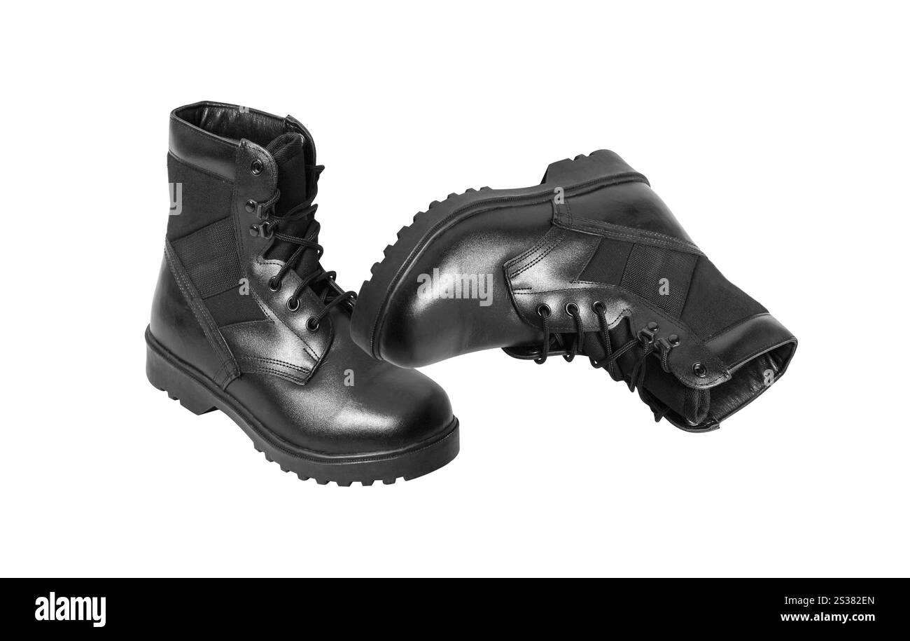 Schwarze Stiefel isoliert über weißem Hintergrund. Schwarze Stiefel Stockfoto