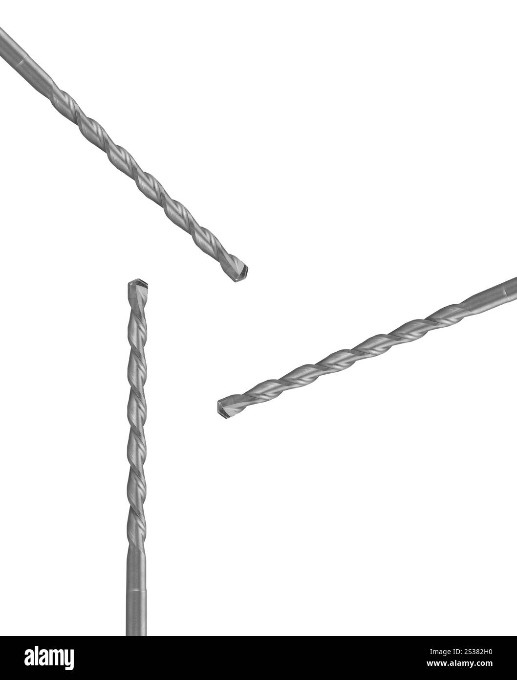 Nahaufnahme der Bohrer isoliert auf weißem Hintergrund. Nahaufnahme der Bohrer Stockfoto