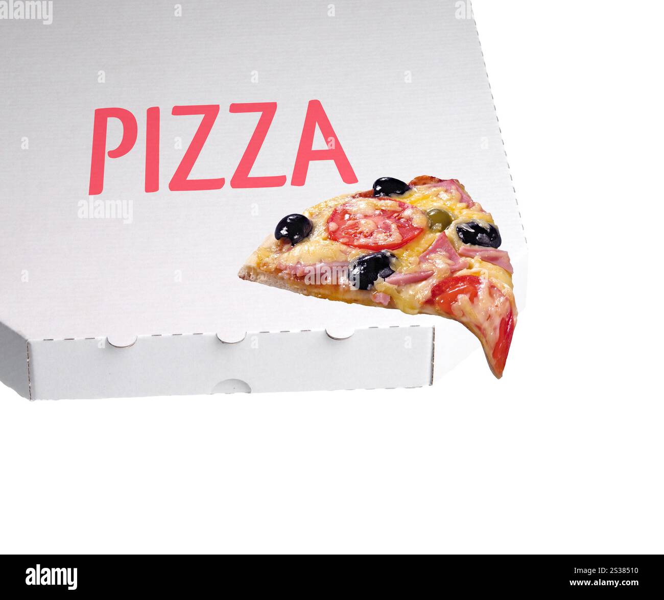 Weiße Pizzabox isoliert vor weißem Hintergrund. Weiße Pizza-Lieferbox Stockfoto