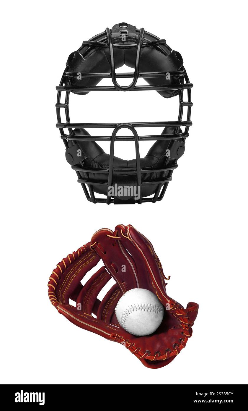 Baseballmaske mit Baseballhandschuh isoliert auf weiß. Baseballmaske mit Baseballhandschuh isoliert Stockfoto