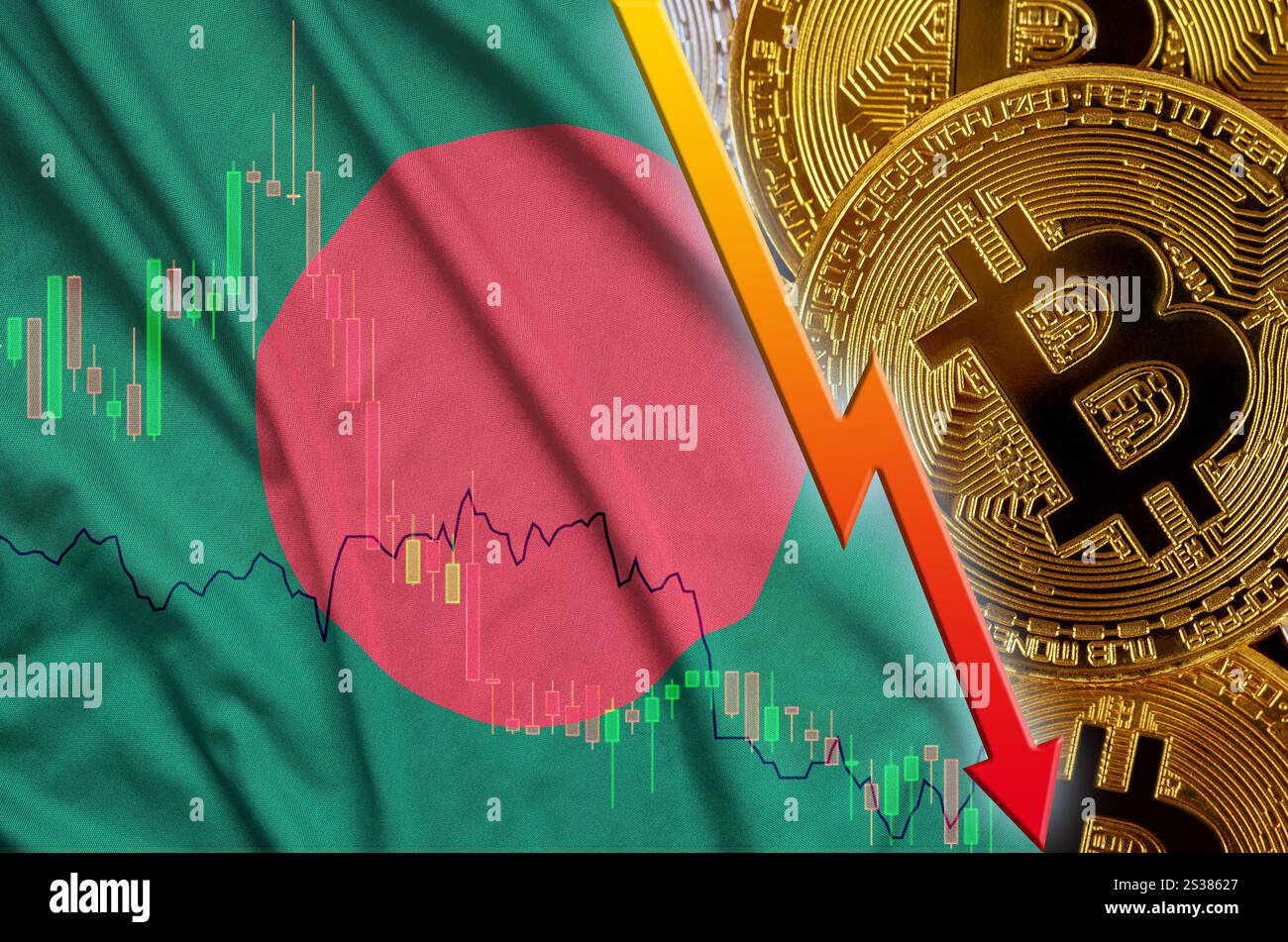 Bangladesch Flagge und cryptocurrency rückläufige Trend mit vielen goldenen Bitcoins. Konzept der Reduzierung Bitcoin im Preis oder schlechte Umwandlung in cryptocurrency Stockfoto