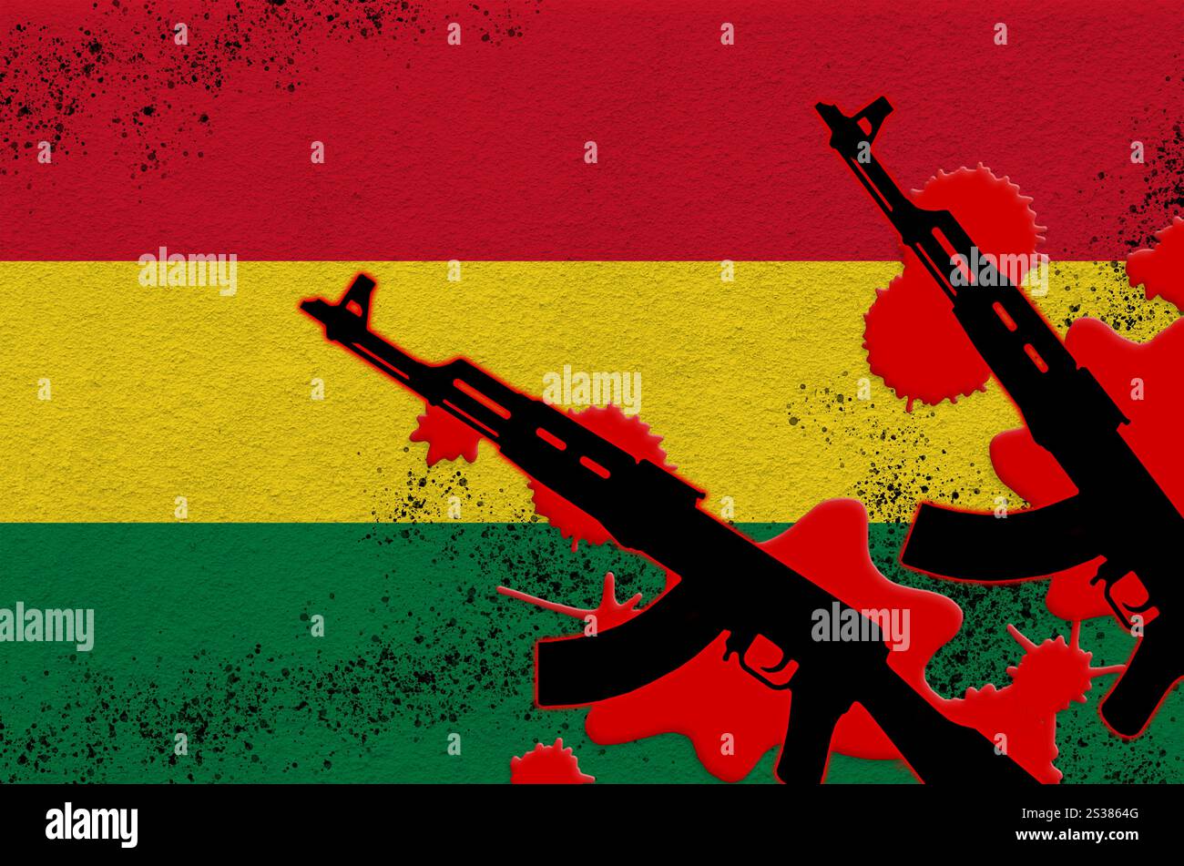 Bolivien-Flagge und zwei schwarze AK-47-Gewehre in rotem Blut. Konzept für Terrorangriffe oder militärische Operationen mit tödlichem Ausgang. Verwendung gefährlicher Waffen. Stockfoto Bolivien-Flagge und zwei schwarze AK-47-Gewehre in rotem Blut. Konzept für Terrorangriffe oder militärische Operationen mit tödlichem Ausgang. Verwendung gefährlicher Waffen. Stockfoto