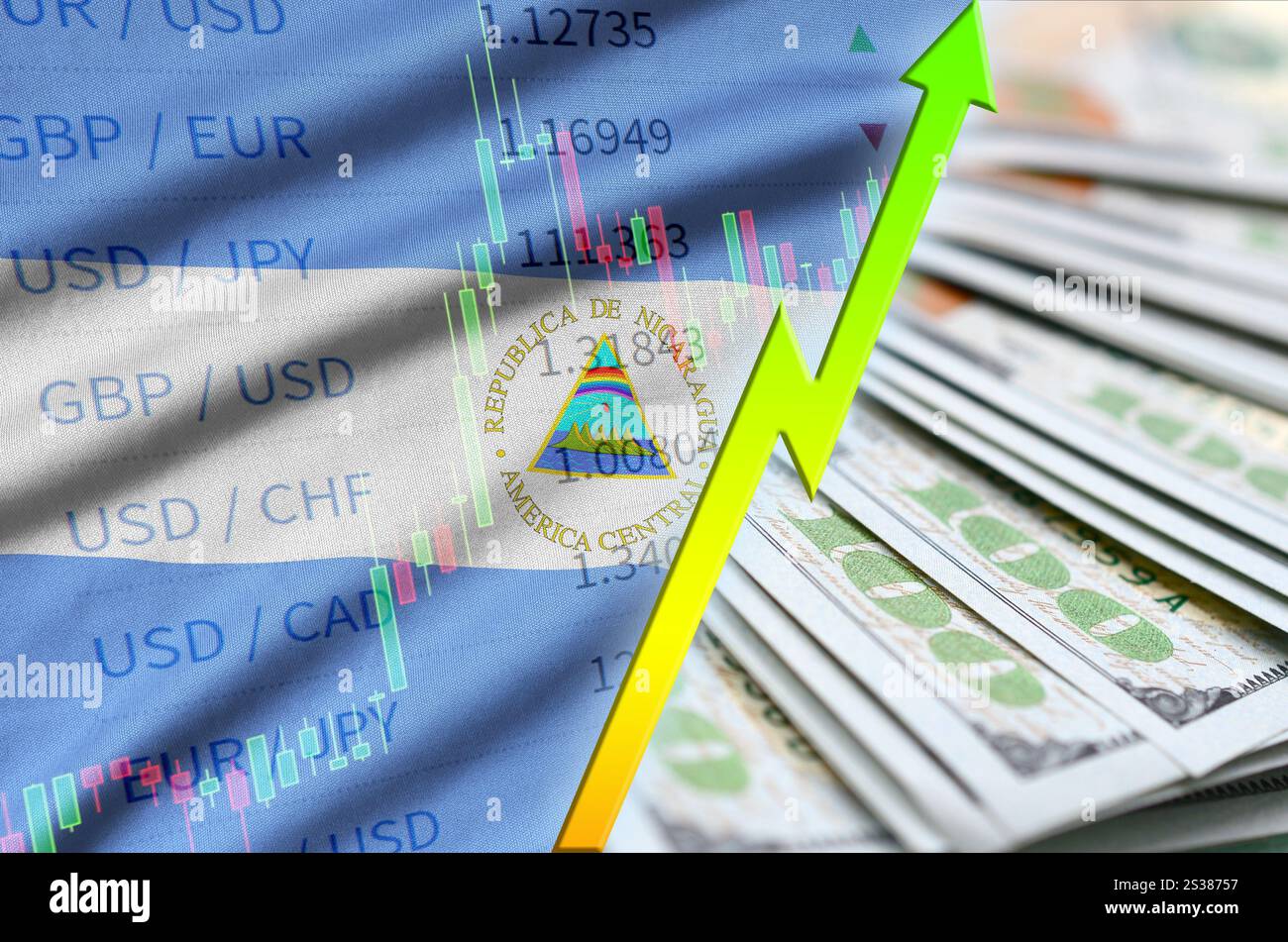 Nicaragua Flagge und Diagramm wachsende US-Dollar-Position mit einem Fan von Dollarscheinen. Konzept der Wertsteigerung der US-Dollar-Währung. Nicaragua Flagge und Stockfoto
