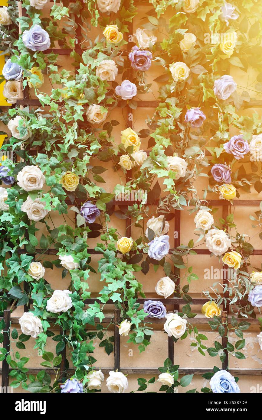 Dekoration urbanes Kunstobjekt aus farbenfrohen, eleganten Blumen auf Holzgitter an der Wand. Dekoration urbanes Kunstobjekt aus farbenfrohen, eleganten Blumen an der Wand Stockfoto