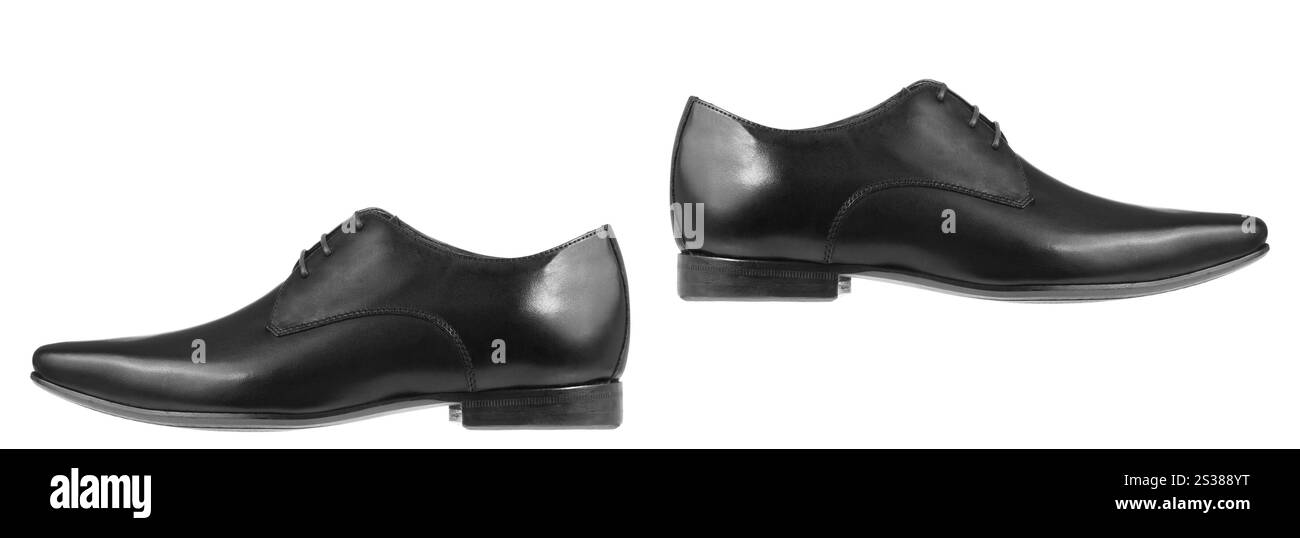 Schwarze formelle Lederschuhe isoliert auf weißem Hintergrund. Schwarze formelle Lederschuhe Stockfoto