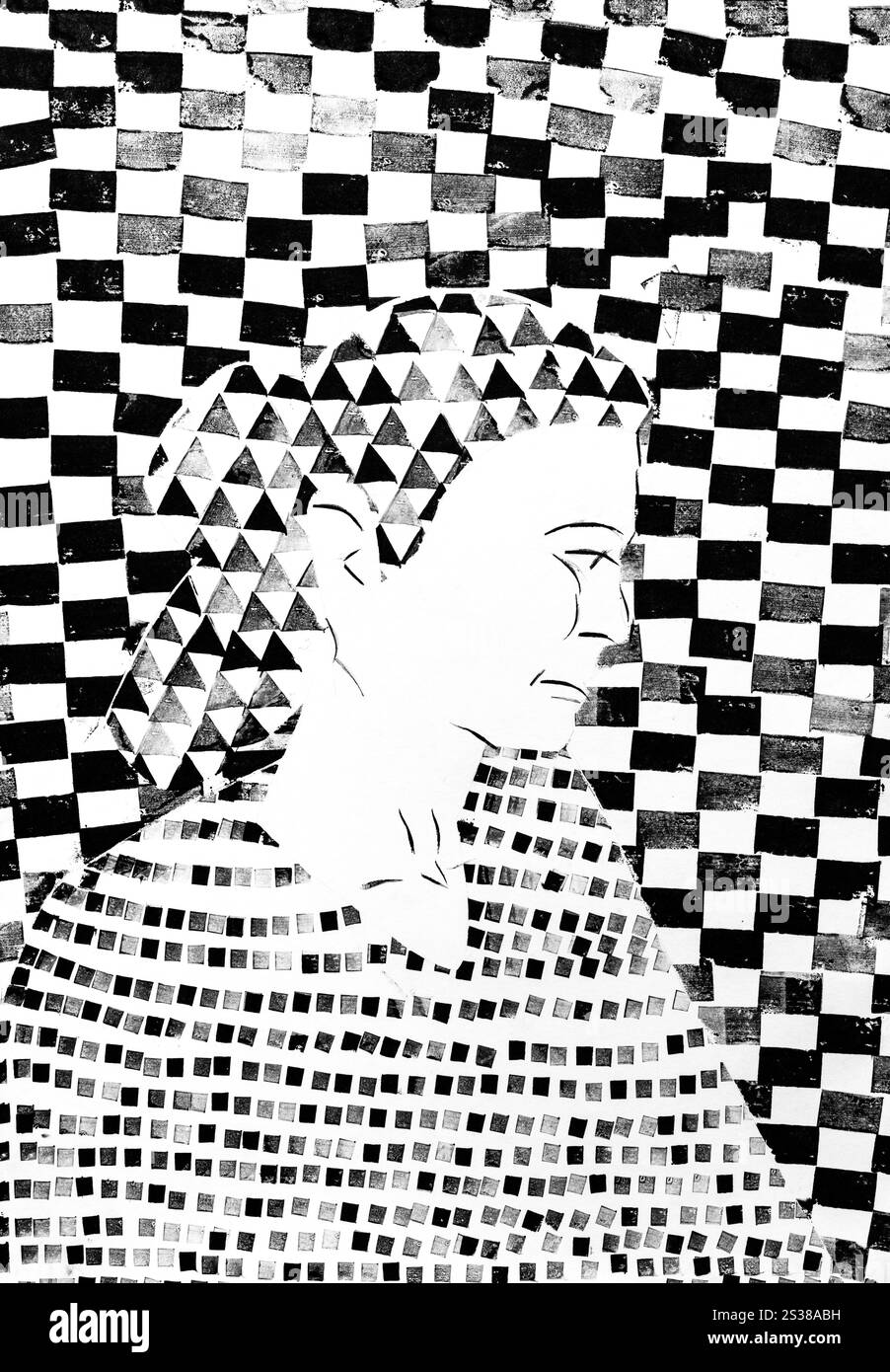Porträt einer älteren Frau, von Hand in kariertem Schwarz-weiß-Muster auf Hintergrund mit schwarzen Temperabestempeln auf weißem Papier gezeichnet Stockfoto