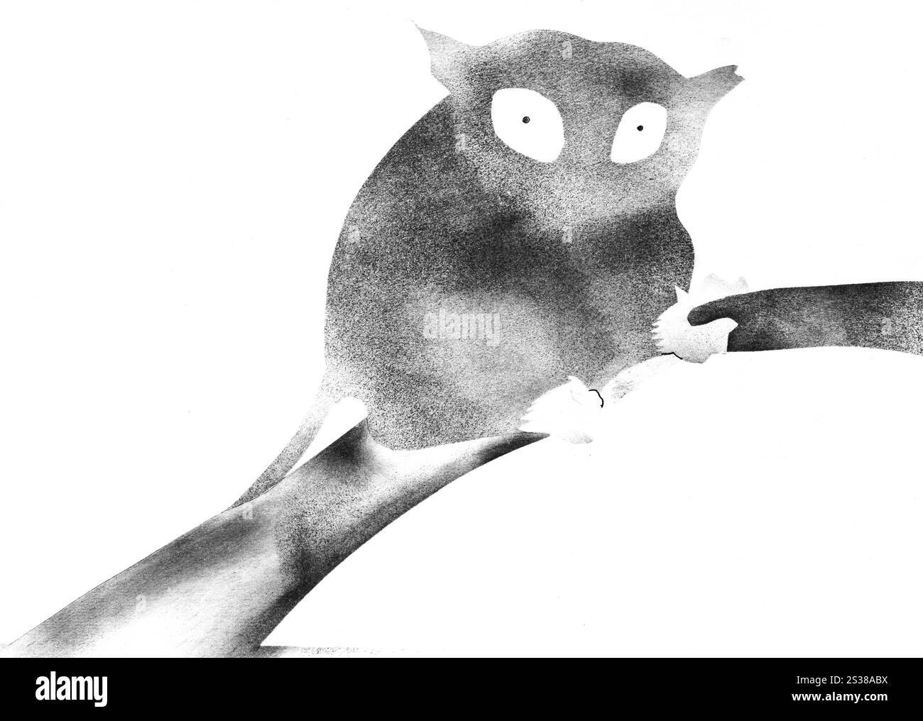 Ein Lemur auf Baumzweig, von Hand gezeichnet mit Stempel mit schwarzer Temperafarbe auf weißem Papier Stockfoto