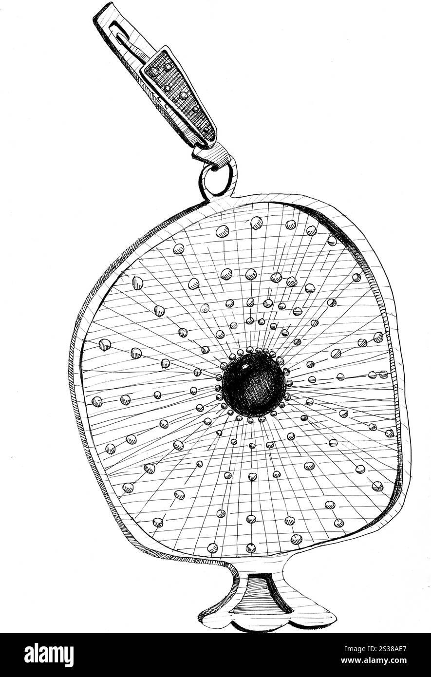 Skizze eines antiken Ohrrings mit kleinen Kugeln, von Hand in schwarzer Tinte auf weißem Papier gezeichnet Stockfoto