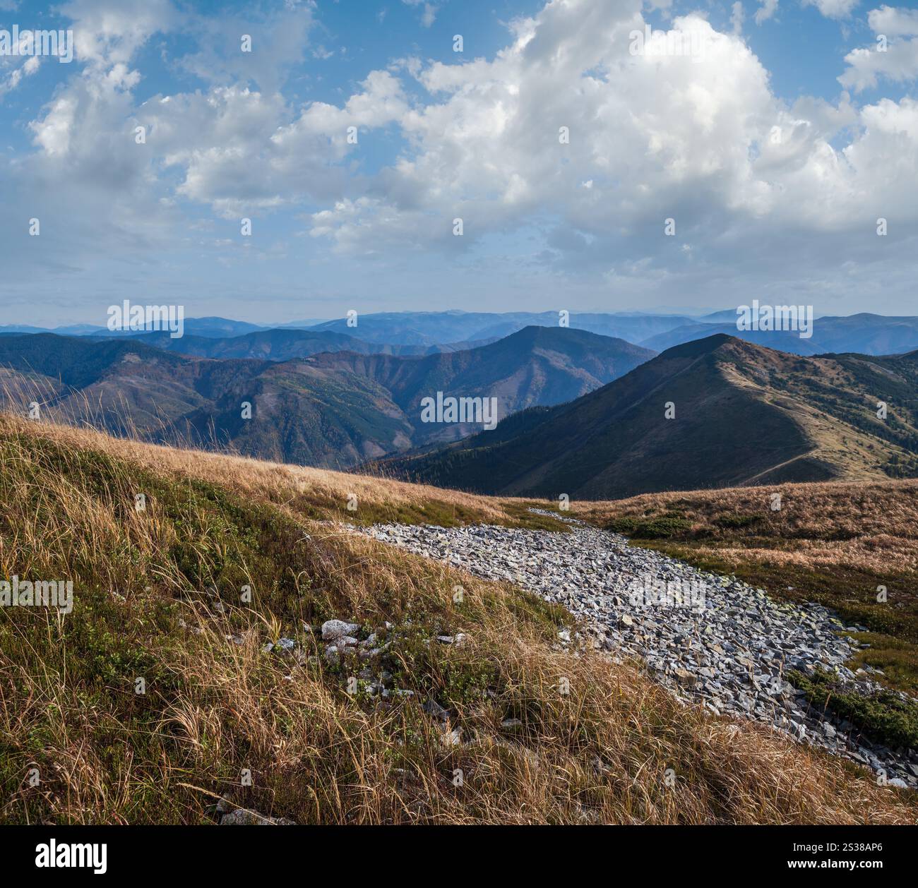 Herbstmorgen Karpaten ruhige malerische Szene, Ukraine. Stockfoto