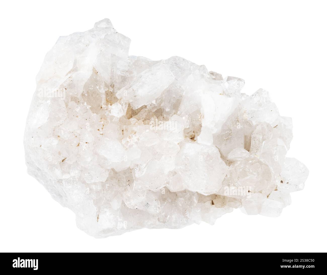 Nahaufnahme der Probe von Naturstein aus geologischer Sammlung - Truse von Quarzgestein-Kristall Mineral isoliert auf weißem Hintergrund Stockfoto