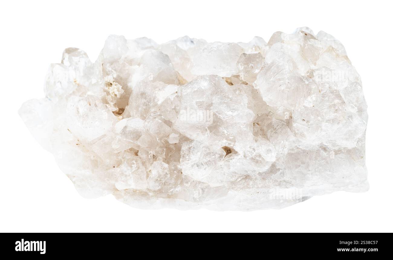 Nahaufnahme der Probe von Naturstein aus geologischer Sammlung - Druse von klarem Quarzmineral isoliert auf weißem Hintergrund Stockfoto