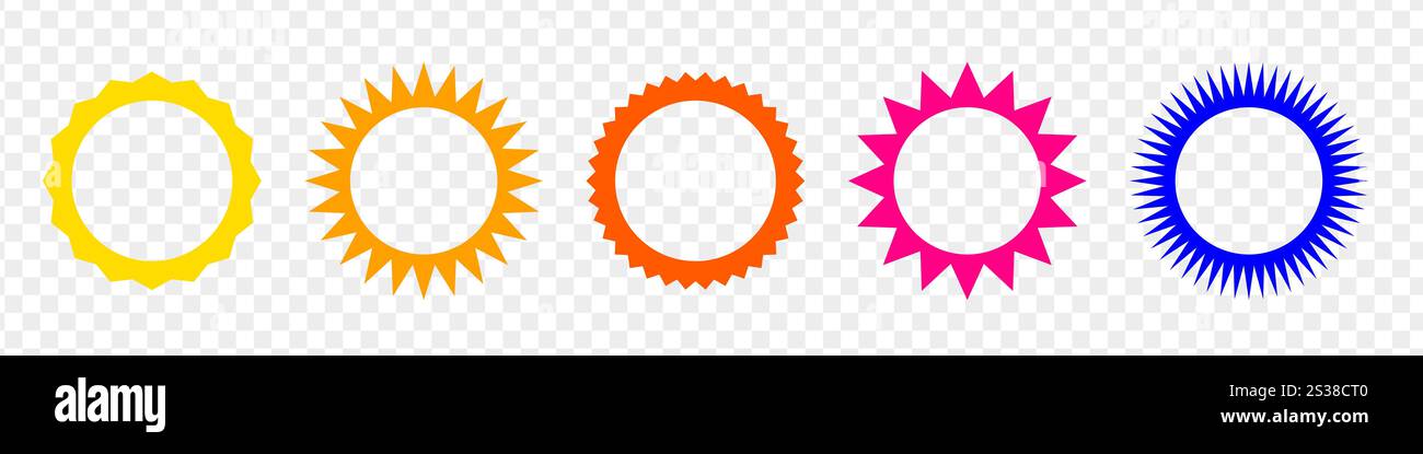 Farbenfroher gezackter Aufkleber oder Stempelset mit gewellten Kanten und leerer Stelle Stock Vektor