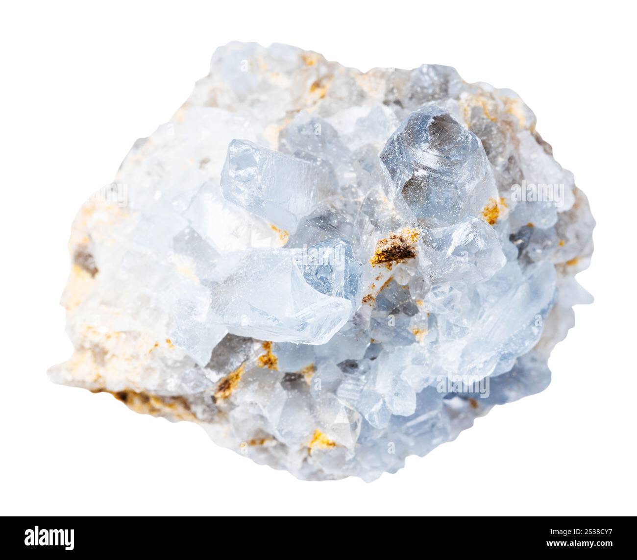 Nahaufnahme der Probe von Naturstein aus geologischer Sammlung - Druse von celestine Mineralkristallen isoliert auf weißem Hintergrund Stockfoto