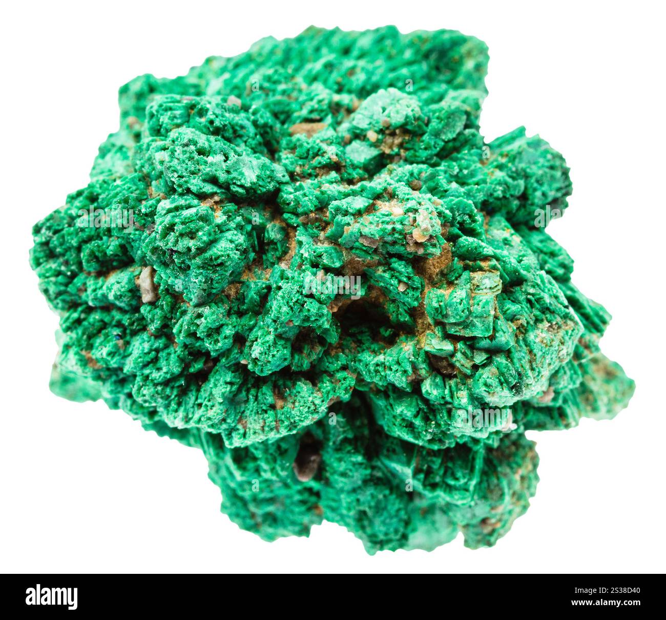 Nahaufnahme der Probe von Naturstein aus geologischer Sammlung - rohe Truse von Malachitmineral isoliert auf weißem Hintergrund aus Kasachstan Stockfoto