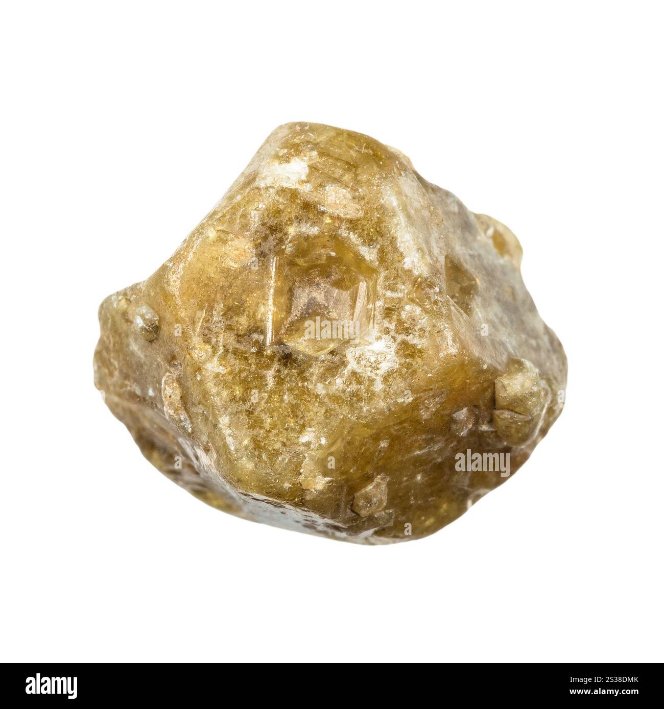 Nahaufnahme einer Probe von Naturstein aus geologischer Sammlung - einzelner grüner grossförmiger Granatkristall isoliert auf weißem Hintergrund aus Mexiko Stockfoto